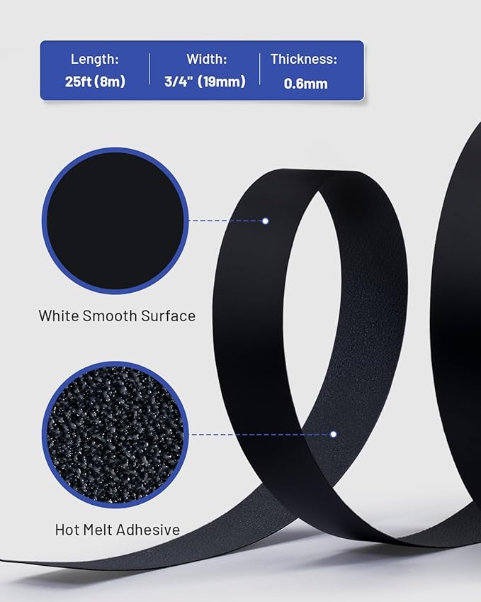 Melamine Edge Banding Black 3/4 inch x 25 ft Veneer Edging Easy Application Iron on Edge Banding Tape for Cabinet Plywood Repairs Furniture Restoration