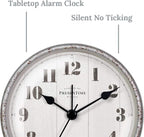 Presentime & Co 4" Farmhouse Tabletop Alarm Mantel Clock, Desk and Shelf Clock, Silent no Ticking, Light Grey Oak and Rusted Galvanized Finish. Tabletop Décor, Home Décor, Farmhouse Décor