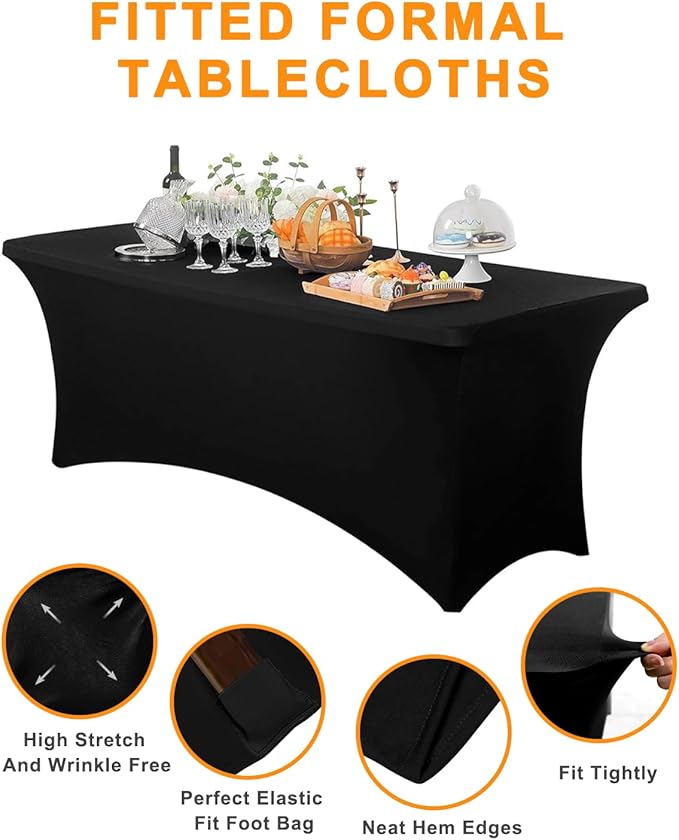 Spandex Table Cover 2 Pack 8FT Black Fitted Tablecloths,Washable Wrinkle Resistant Stretch Table Cloth Rectangle for Vendor Booth Display Items,Party Supplies for Adults,Wedding Decorations,Banquet