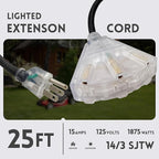 EP 25 Ft Lighted Outdoor Extension Cord with 3 Electrical Power Outlets - 14/3 SJTW Heavy Duty Black Extension Cable with 3 Prong Grounded Plug - Power Cord for Lawn, Garden, Appliances