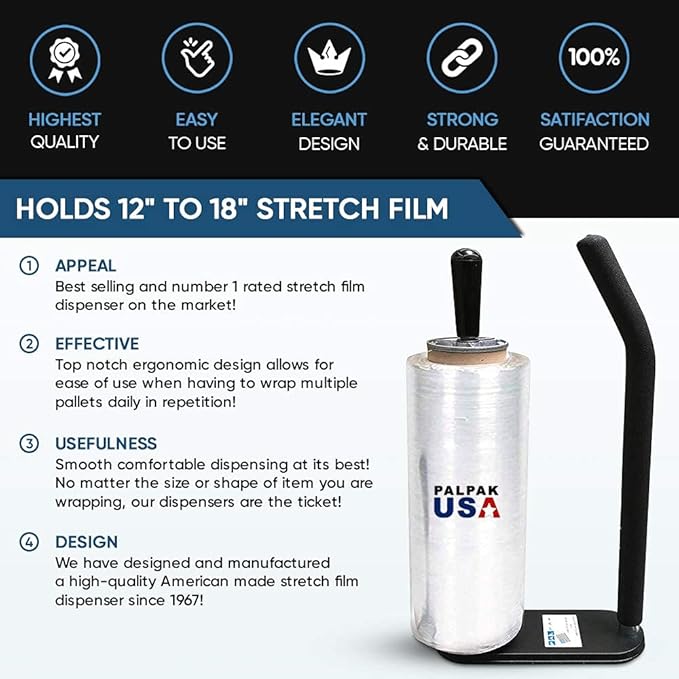 New! PalPak300 BACKSAVER - Best Selling Stretch Film Dispenser with Extended Handle, Industrial Strength for Packing Wrap, Holds 14"-20" Rolls with Adjustment Furniture, Boxes & Pallets (12 Pack)