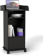 Podium Stand Portable,Mobile Wood Pulpit Podium Hostess Stand Reception Desk with Adjustable Shelf and Lockable Wheels for Churches Conference School