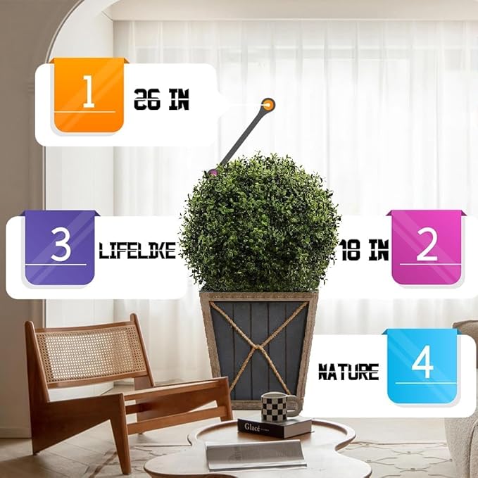 26" T x 17.5" D Artificial Boxwood Trees Set of 2 UV-Resistant Real-Touch Artificial Topiary for Front Porch and Home Décor