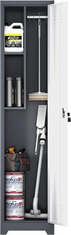 LUCYPAL Slim Broom Storage Cabinet with Shelves,Metal Cleaning Tool Cabinet with Locking Doors and Hanging Rod,Tall Broom Utility Closet Cabinets for Kitchen,Pantry,Home Office,White&Grey
