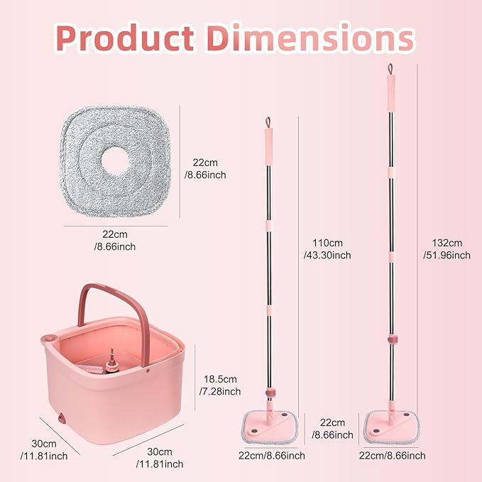 KZKR Square Spin Mop and Bucket Set with Self Separation Dirty and Clean Water System, Self Wringing 360° Rotating Mops Head with 2 Replaceable Microfiber Pads for Home Floors Cleaning