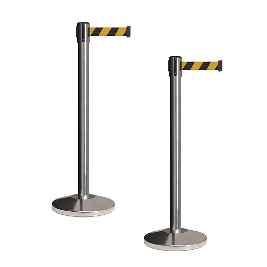 Crowd Control Warehouse CCW Set of 2 Retractable Belt Barriers Stanchion, Polished Stainless Steel Post, RBB-100 (7.5 Foot Belt, Black and Yellow Diagonal Belt)