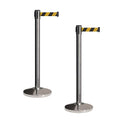 CCW Set of 2 Retractable Belt Barriers Stanchion, Polished Stainless Steel Post, RBB-100 (11 Foot Belt, Black and Yellow Diagonal Belt)