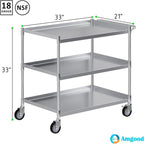 3 Shelf Stainless Steel Tubular Utility Cart | 21 in. Wide X 33 in. Long X 33 in High | Metal Utility Cart on Wheels with Handle | NSF
