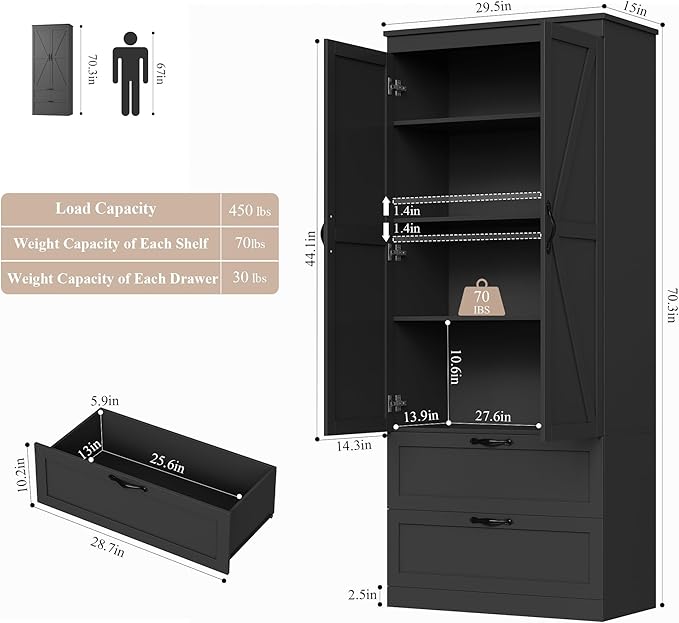 HOSTACK 70" Tall Kitchen Pantry Storage, Barn Doors Pantry Cabinet with Drawers and Adjustable Shelf, Modern Farmhouse Storage Cabinet for Kitchen, Dining Room, Living Room, Bathroom, Black