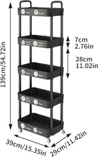 Laiensia Multifunction Utility Rolling Cart, 5-Tier Plastic & Metal Storage Organizer, Black, Lockable Wheels, Modern Style, Indoor Use