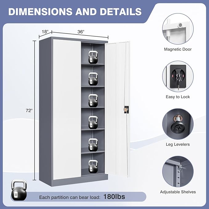 Metal Cabinet,Locking Storage Cabinet with 2 Doors and 5 Adjustbale Shelves,72" Tall Tool Steel Cabinets for Garage,Home Office,School,Gym(Grey & White)