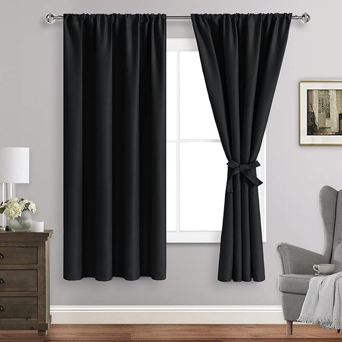JIUZHEN Blackout Curtains for Bedroom– Thermal Insulated,Noise Reducing Room Darkening Rod Pocket Curtains for Living Room, Set of 2 Panels with Tiebacks, 42 x 63 inch Long, Black