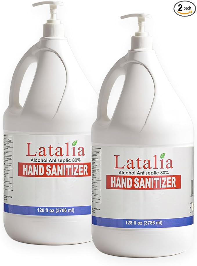 Latalia large Hand Sanitizer Pump 128 fl oz – Pack of 2 with 80% Alcohol Moisturizing Hand Sanitizer Refill Gallon for Home & Office, Unscented Clean Gel, Drying & Non-Sticky for Daily Hand Hygiene