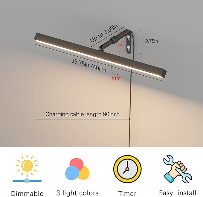 Plug in Picture Lights for Wall, 16 inch Dimmable LED Art Light with Remote, 3 Colour Temperature Gallery Painting Wall Light for Picture Display Dartboard Art Work (Black)