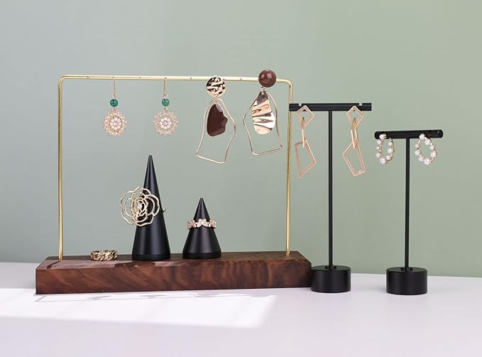 GemeShou Black Metal T Shape Earring Display holders, Earring T Stand for Show, T Bar Jewelry Stand for Online Store Photography【Black-Round Base Height 5.3"】