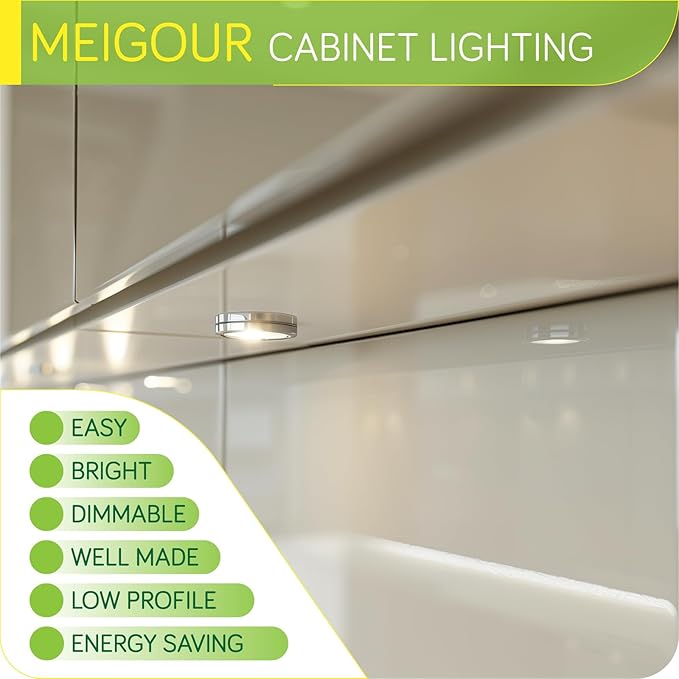 Under Cabinet LED Puck Lighting, Single Light for Hutch Bookcase Display Shelf Lighting, Rotary Dimmer Switch, 120VAC Plug in, White Cord, Warm White