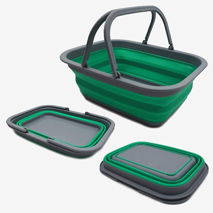 SAMMART 9.2L (2.37Gallon) Collapsible Tub with Handle - Portable Outdoor Picnic Basket/Crater - Foldable Shopping Bag - Space Saving Storage Container (1, Grey/Bluish-Green)