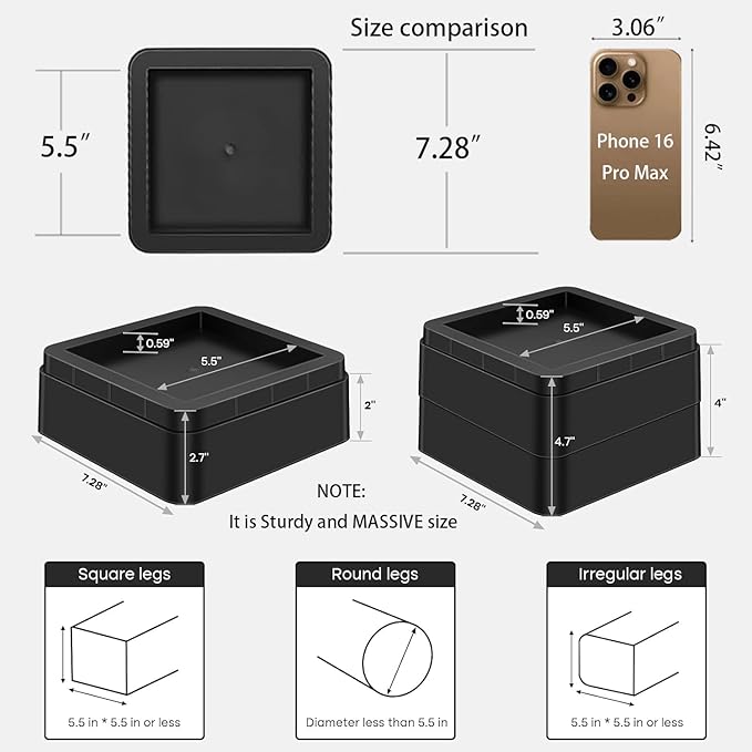 Oversized Heavy Duty Bed Risers & Furniture Risers - Stackable Supports 12000 Lbs,Furniture Lifter/Square Bed Raising Blocks for Sofas, Couches, Desks (Black 8 Pack, Fits Huge 5.5 × 2 inch)