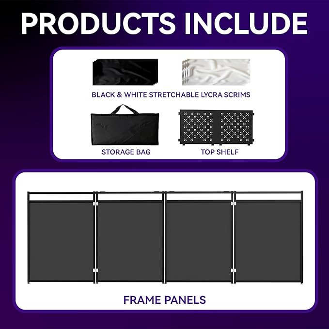 Portable DJ Booth Table,56''x28" Foldable DJ Table Stand Portable with White & Black Scrim,Adjustable D J Facade Tabl e Station Metal Frame D J Tabl e with Cable Hole for Private Events, Clubs, Bars