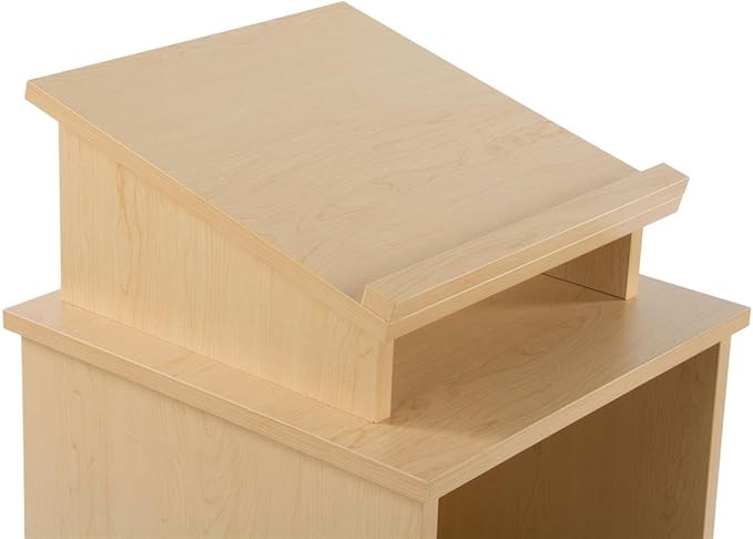 Rolling Wood Podium, 44"H, Locking Wheels, 2 Shelf Open Cabinet, Top Surface with Lip (Maple)