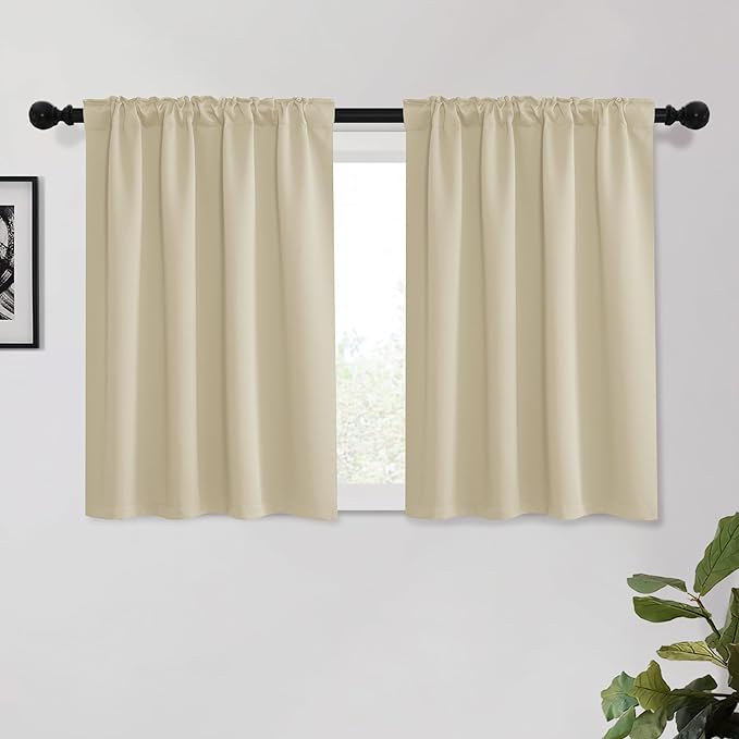 KGORGE Small Window Curtains Blackout Privacy Solid Thermal Insulating Rod Pocket Window Treatment Energy Saving Curtains for Kids Bedroom Kitchen Office, W34 x L45, Biscotti Beige, 2 Panels