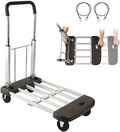 LEADALLWAY Platform Cart Foldable Push Cart Aluminum Adjustable Length Flatbed Cart with Polyurethane Mute Wheel,330-LB Capacity(with 2 Ropes)