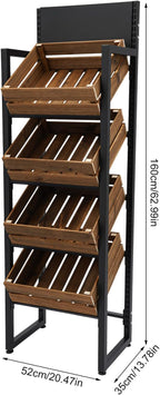 4 Tiers Retail Display Rack, Single Row Wood Market Shelf Commercial Fruit and Vegetable Basket Stand Rack Set Snack Pantry Shelf Unit for Kitchen, Office, Store, Supermarket