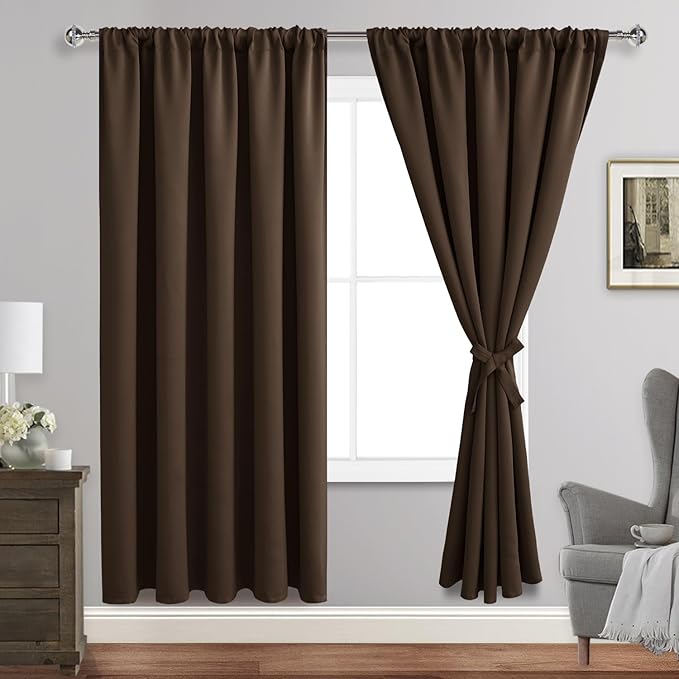 JIUZHEN Blackout Curtains for Bedroom - Thermal Insulated Room Darkening Rod Pocket Curtains for Living Room, Set of 2 Panels with Tiebacks, 60 x 72 Inch Length, Brown