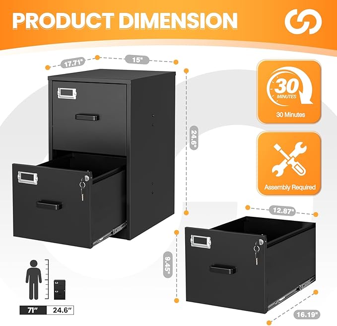 2 Drawer File Cabinet with Lock, Metal Filing Cabinets for Home Office, Vertical Black Small Caninet for Home Office, Steel Narrow Two Drawer File Cabnet for Letter/File Box- Assembly Required