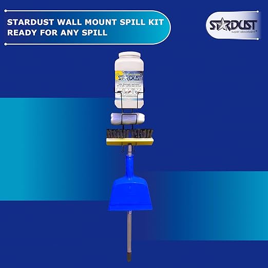 STARDUST Spill Products Spill Clean Up Kit - Wall Mount Spill Kit with 5-Qt Dispenser, Steel Rack, Broom Handle + Head, Dustpan, (10) Disposal Bags, Screw Anchor & Zip Tie Mounts Spill Response Kit