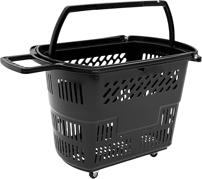 Rolling Shopping Baskets, Trolley Rolling Plastic Basket with 4 Wheels Large Storage Capacity Good Stability Handles Folded and Grid Design 6Pcs Freestanding Shopping Basket Set for Supermarkets Etc