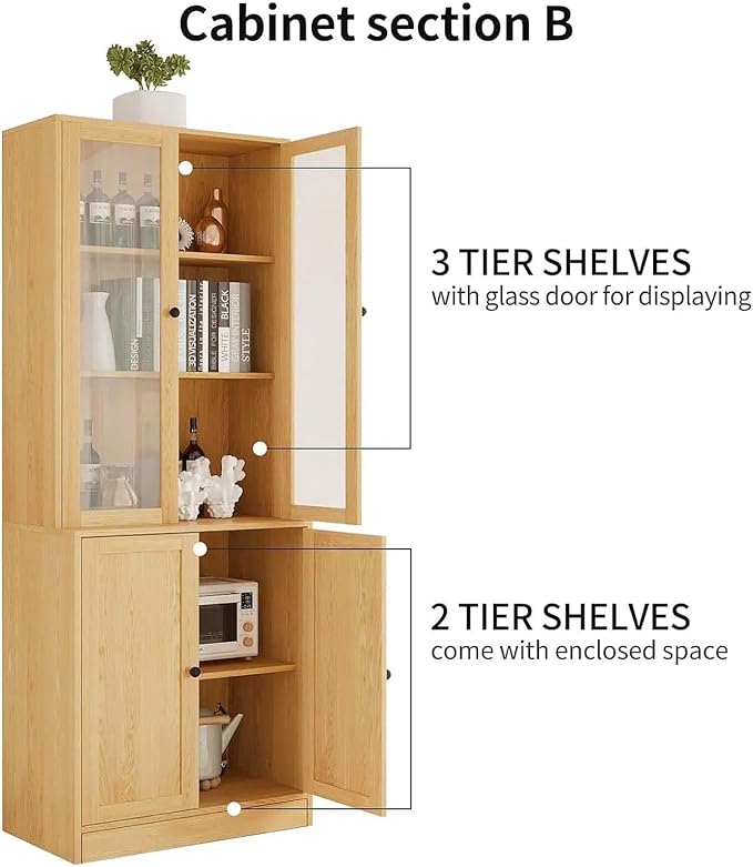 TUSY 71" H Bookshelf Bookcase with Doors, 3-Tier Modern Bookshelves with 3 Large Drawer, Display Bookcase with Glass Doors, Modern 5-Tier Curio Cabinet for Home Office, Dining Room (Wood, BAB)