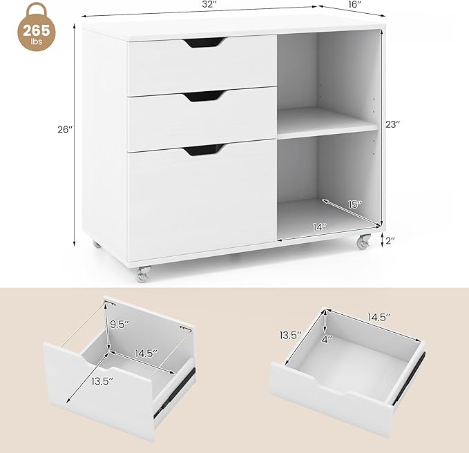 LOKO 3-Drawer File Cabinet, Mobile Printer Stand Cabinet with Adjustable Shelf, Rolling Lateral Filing Cabinet with Wheels for Letter, A4, Legal Size, for Home Office Organization (White)