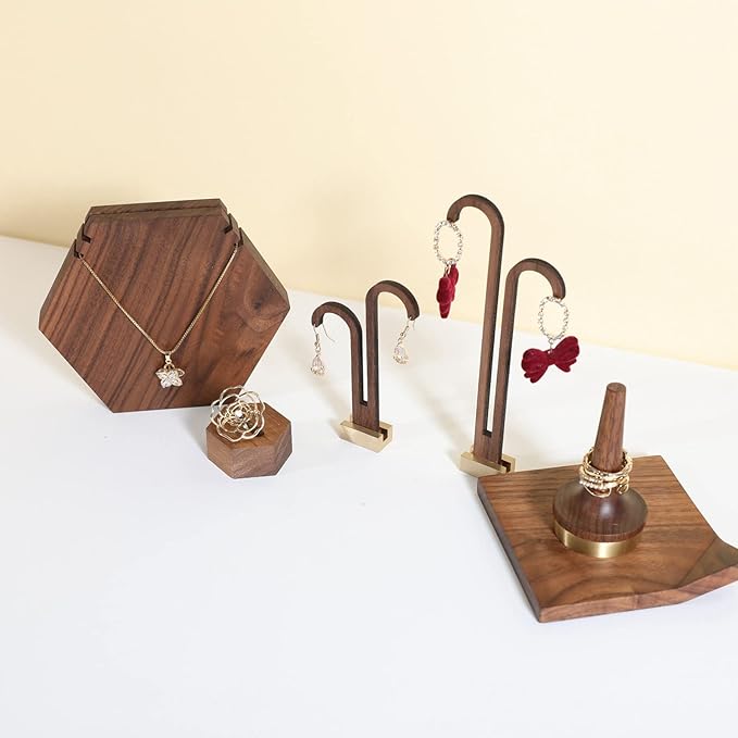 GemeShou 2 pcs walnut earring display stands for selling, cute earring hanger, wood hanging earring holder for boutique display【Y shape rectangle base-2pcs】