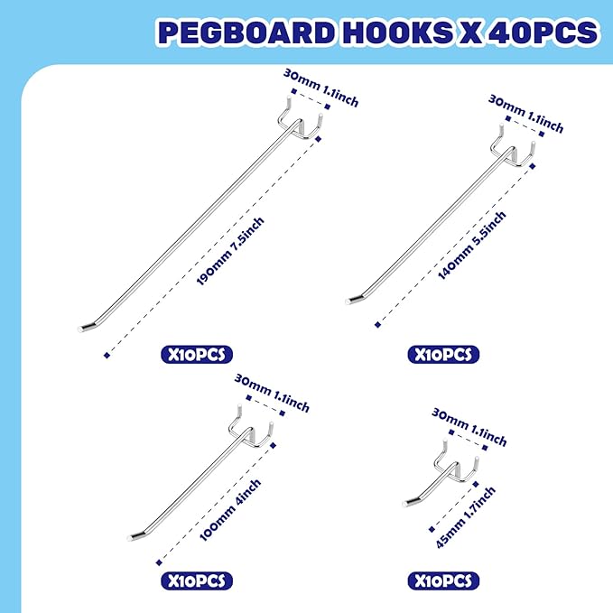 40Pcs 2" 4" 6" 8" Pegboard Display Hooks Assortment Set, Stainless Steel Garage Organization Peg Wall Hook Metal Slatwall Panel Hook Fit 1/8 and 1/4 Inch Pegboard for Retail Shop