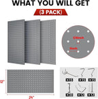 Pegboard, Metal Peg Board, Pegboards Wall Organizer with 57 Pcs Hooks, Sturdy Peg Board for Garage Tool Organization, Home & Office Wall Decoration (Grey, 3 Pack)