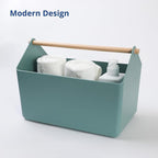 BLUE GINKGO Large Storage Basket – Plastic Caddy with Wooden Handle for Bathroom, Pantry, or Cleaning Supplies (Green)
