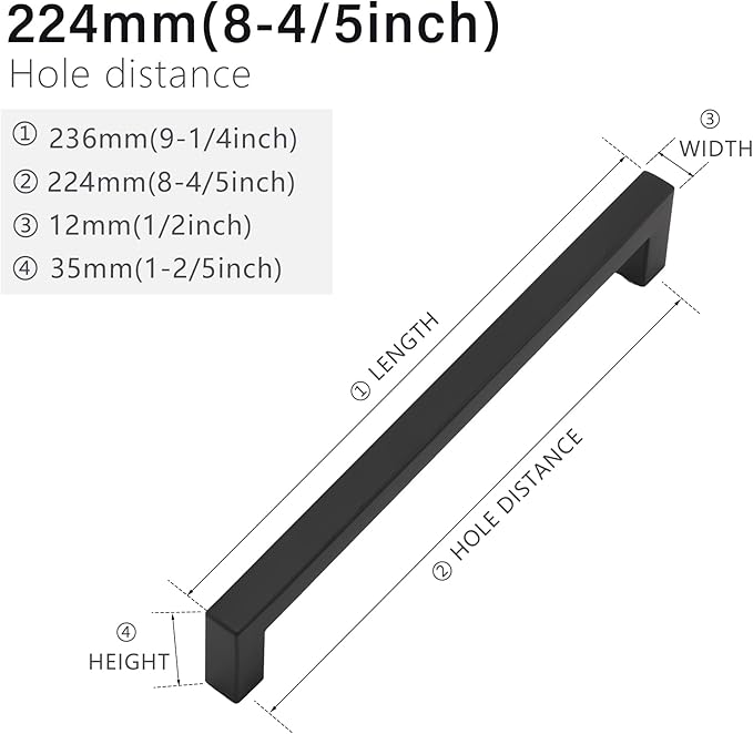 Cabinet Pulls Matte Black Cabinet Handles Square Drawer Pulls, 50 Pack 8-4/5 Inch Stainless Steel Kitchen Door Cupboard Cabinet Handles, Drawer Hardware Handles, 224mm Hole Centers