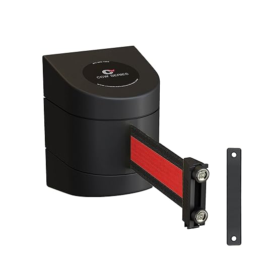 Crowd Control Warehouse - CCW Series WMB-220 Magnetic Wall Mount Retractable Belt Barrier - 15 Foot, Black Horizontal Red Stripe Belt with Black ABS Case