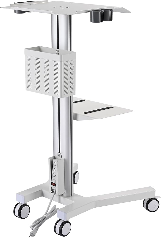 Yescom Medical Mobile Laptop Cart Rolling PC Stand Computer Workstation on Wheels with Handle 220 Lbs Capacity CPU Printer Power Strip Holder for Dentistry Clinic Lap Hospital White
