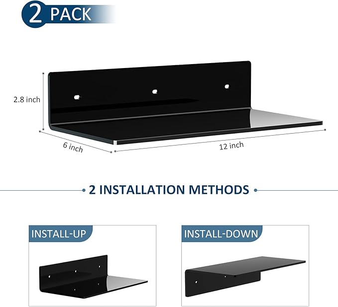 12 Inches Acrylic Wall Shelves 2 Pack, Floating Shelf for Wall Mounting, Acrylic Display Ledges for Funko Pop Figures, Home Décor, Living Room, Gaming Room, Plants(12 inch, Black)