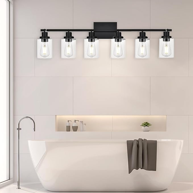 6-Light Track Lighting Kit Black Track Lighting Fixtures Bathroom Wall Sconces Ceiling Mount Kitchen Tracking Lights, Rotatable Spotlight with Clear Glass Shade for Kitchen Shop Hallway