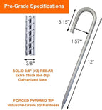 Heavy Duty Rebar Stakes 12-Pack 12-Inch - Hot-Dip Galvanized J-Hook Ground Anchors for High Winds, Trampoline, Fencing, Landscape Fabric - Forged Tip for Rocky & Hard Soil