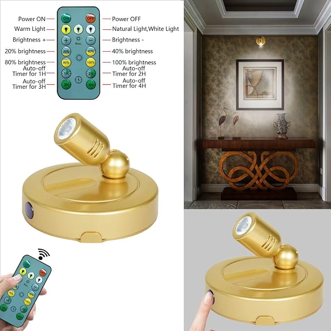 Picture Light Battery Operated, 3 Color Temperatures Picture Light with Remote, Indoor LED Spot Lights for Plants for Wall Frame Dartboard Art Painting Display Accent-Gold