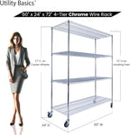 NSF Commercial 4-Tier Wire Shelving with Wheels, 60"x24"x72" Heavy Duty Metal Shelves 3200 lbs Max Capacity, Chrome Storage Rack for Garage Kitchen Pantry Warehouse
