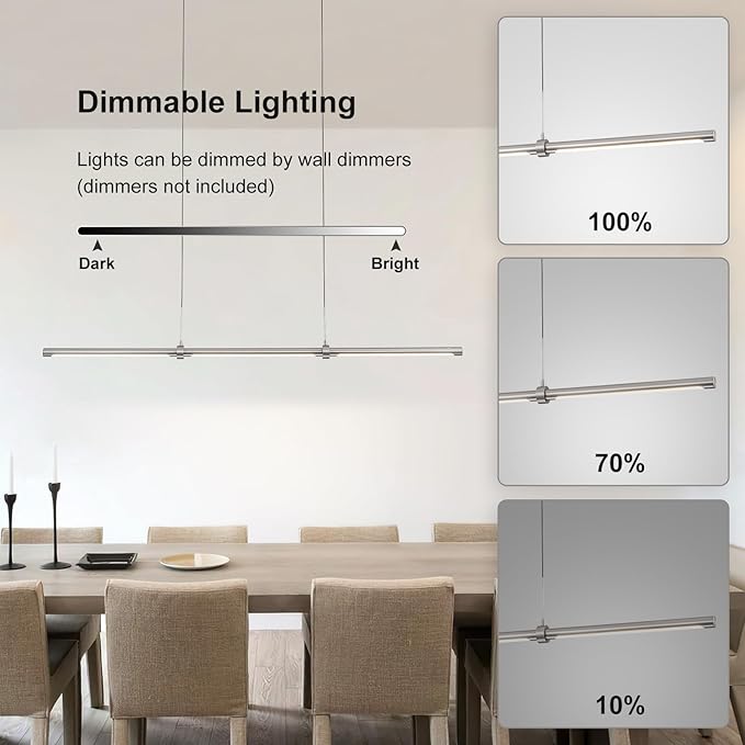 EDISLIVE Modern Linear LED Island Light Dimmable LED Chandelier 47.24 in Adjustable Linear Hanging Light Fixture 3000K 20W Pendant Light for Dinning Room Kitchen，Nickel