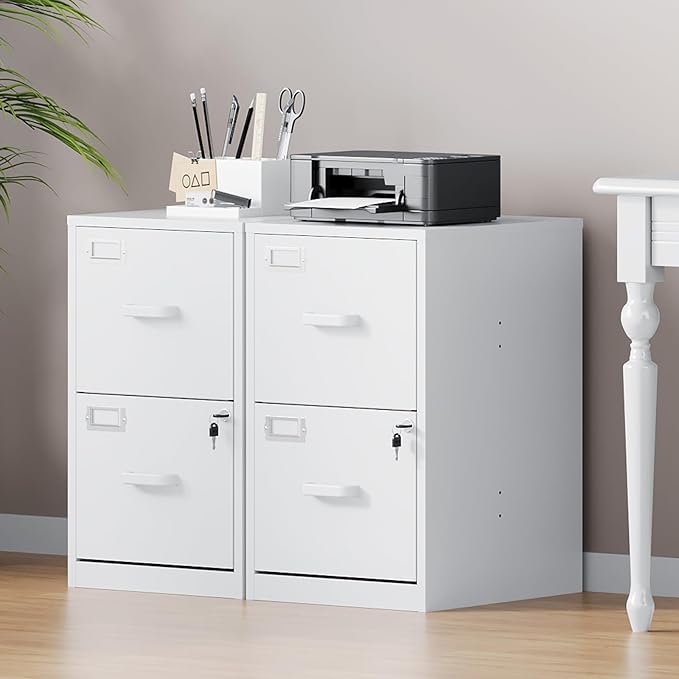 2 Drawer File Cabinet with Lock, Metal Filing Cabinets for Home Office, Vertical White Small Caninet for Home Office, Steel Narrow Two Drawer File Cabnet for Letter/File Box- Assembly Required