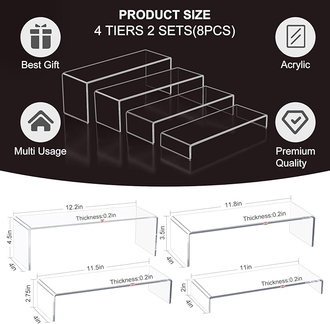 Acrylic Display Riser,8Pcs 12'' Length Tier Display Stands, Thickened to 0.2''(5mm) Acrylic Shelf Risers for Perfume Display,Risers for Buffet Table,Cupcake Stand,Pop Figurines,Tumbler,Food