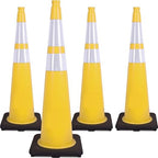 Fluorescent Orange/Green PVC Traffic Cones, Heavy Black Base Parking Lot Cone Structurally Stable Weatherproof Road Construction Safety Cones (4, Yellow, 36" Extra Large)