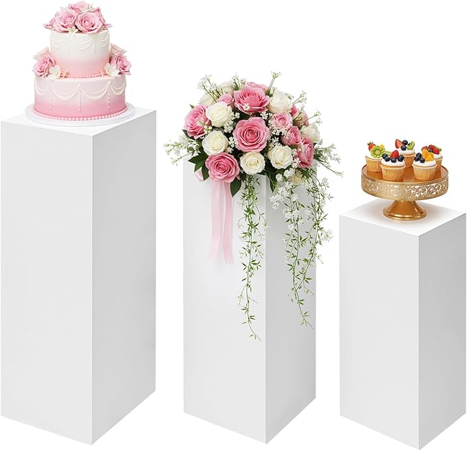 OUKANING 3 Pcs Metal Display Pedestal Stands, Square White Dessert Table Display Pillars, Decoration Cubes Sculpture Columns for Wedding Birthday Party Baby Shower Event, H39.37'', 35.43'', 27.56''